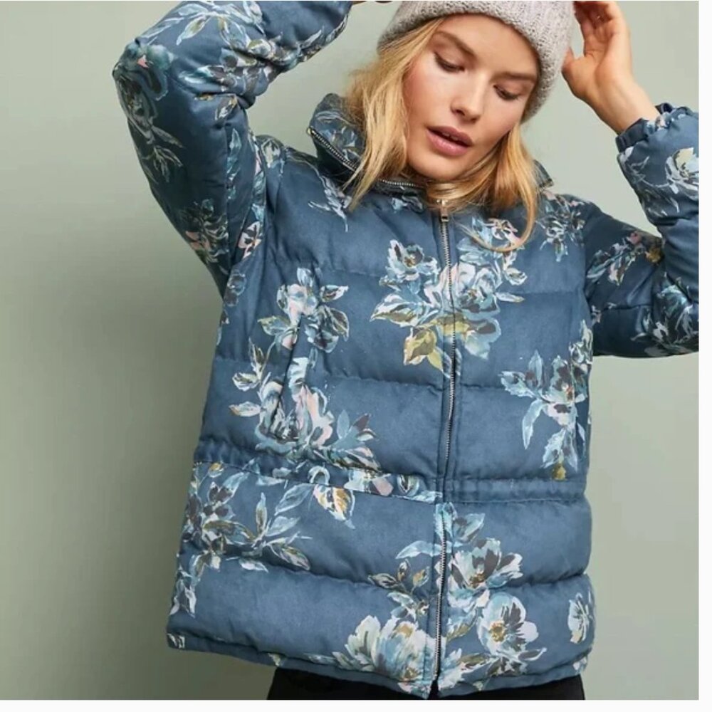 Anthropologie Ett:Twa Floral Teal Turquoise Suede Puffer Jacket Coat Size XXSP